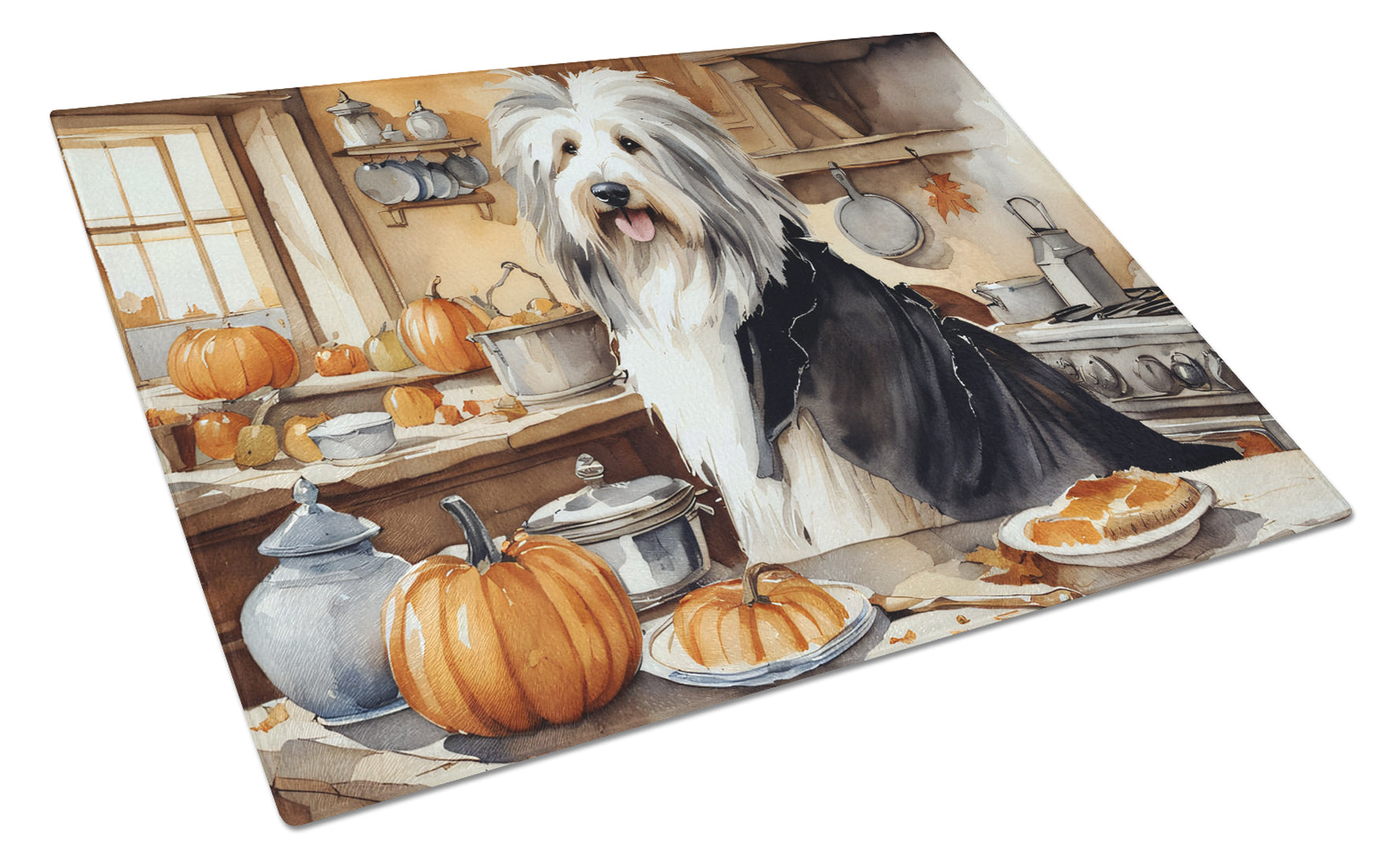 Buy this Bearded Collie Fall Kitchen Pumpkins Glass Cutting Board