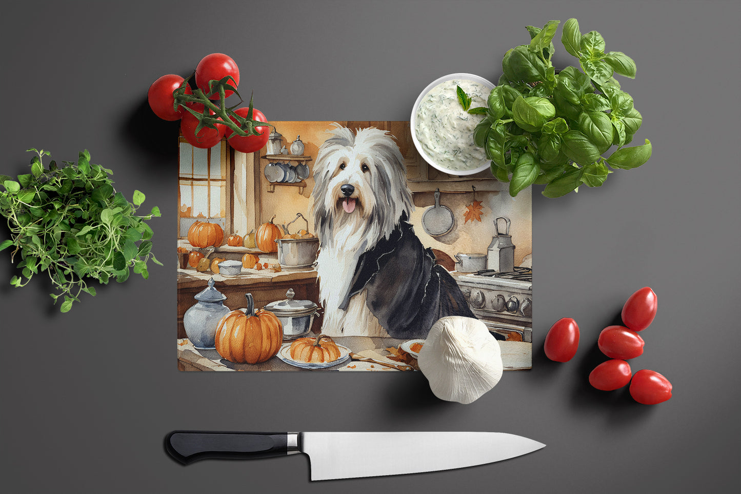 Bearded Collie Fall Kitchen Pumpkins Glass Cutting Board