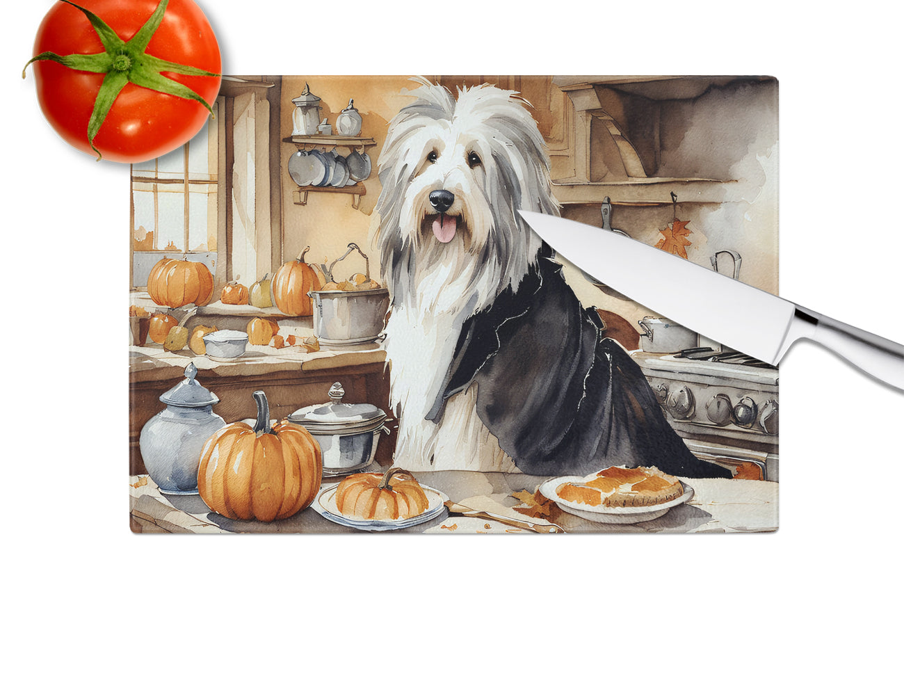 Bearded Collie Fall Kitchen Pumpkins Glass Cutting Board