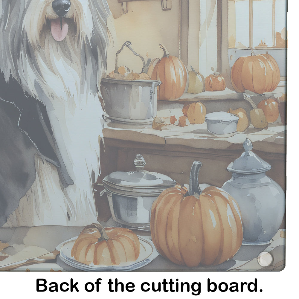 Bearded Collie Fall Kitchen Pumpkins Glass Cutting Board