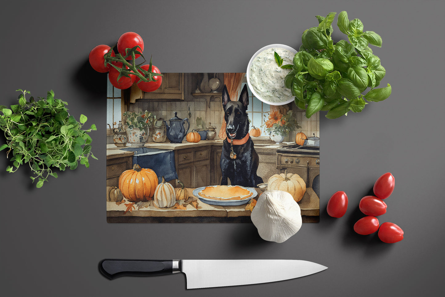 Belgian Malinois Fall Kitchen Pumpkins Glass Cutting Board