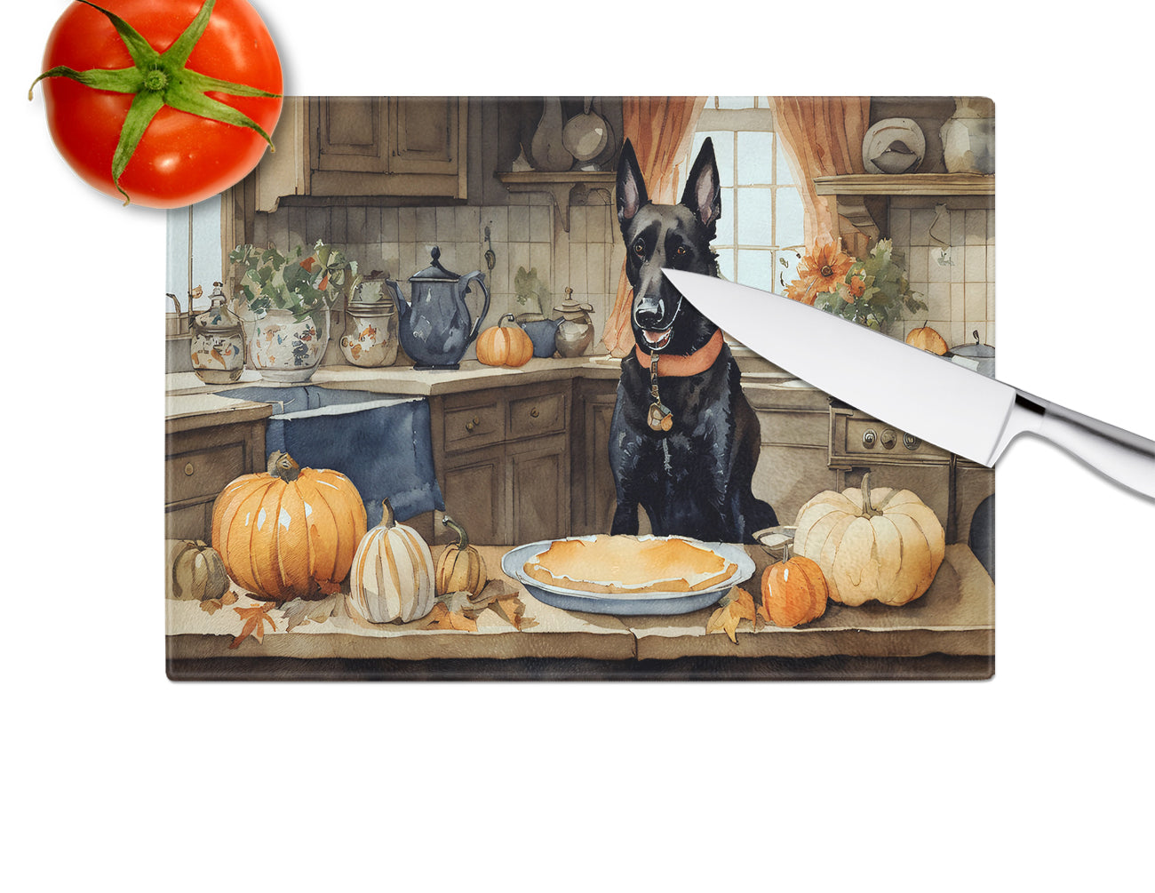 Belgian Malinois Fall Kitchen Pumpkins Glass Cutting Board