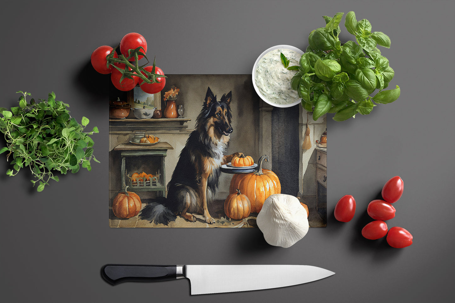 Belgian Tervuren Fall Kitchen Pumpkins Glass Cutting Board