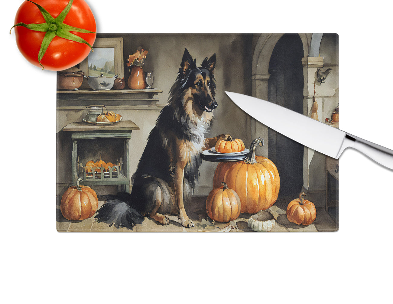 Belgian Tervuren Fall Kitchen Pumpkins Glass Cutting Board