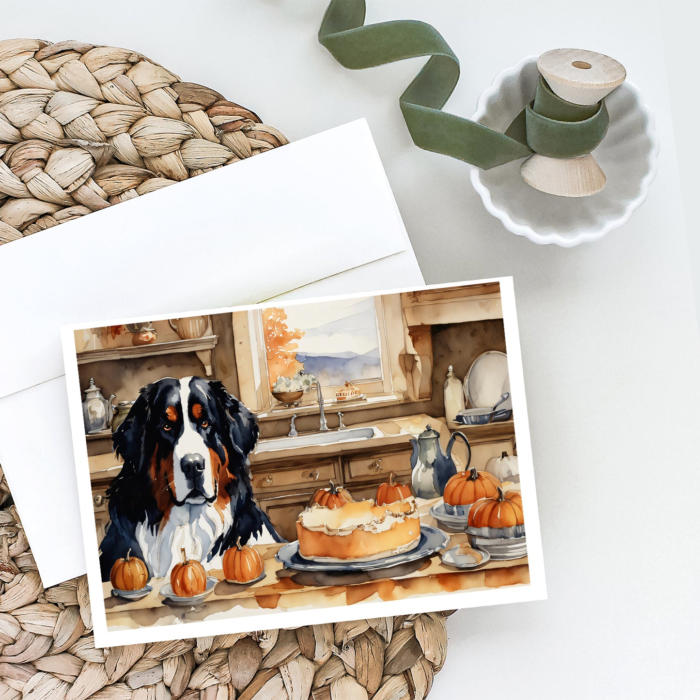 Bernese Mountain Dog Fall Kitchen Pumpkins Greeting Cards Pack of 8