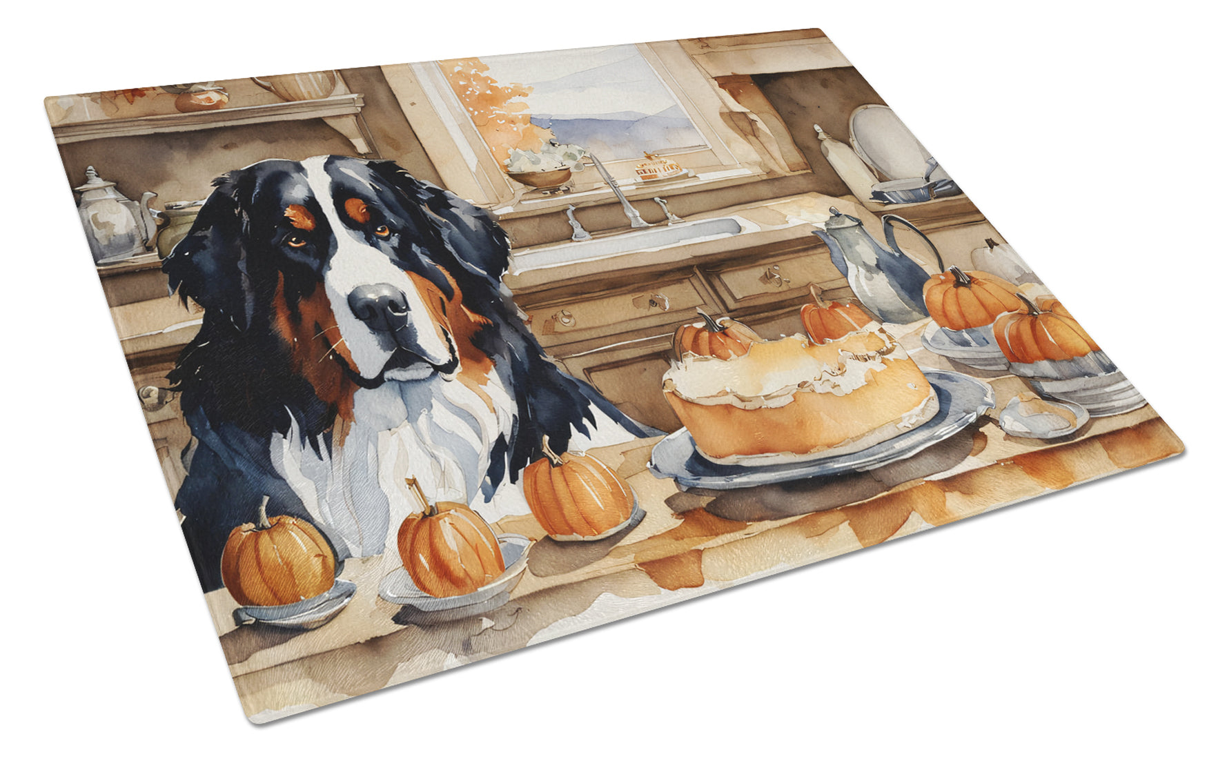 Buy this Bernese Mountain Dog Fall Kitchen Pumpkins Glass Cutting Board