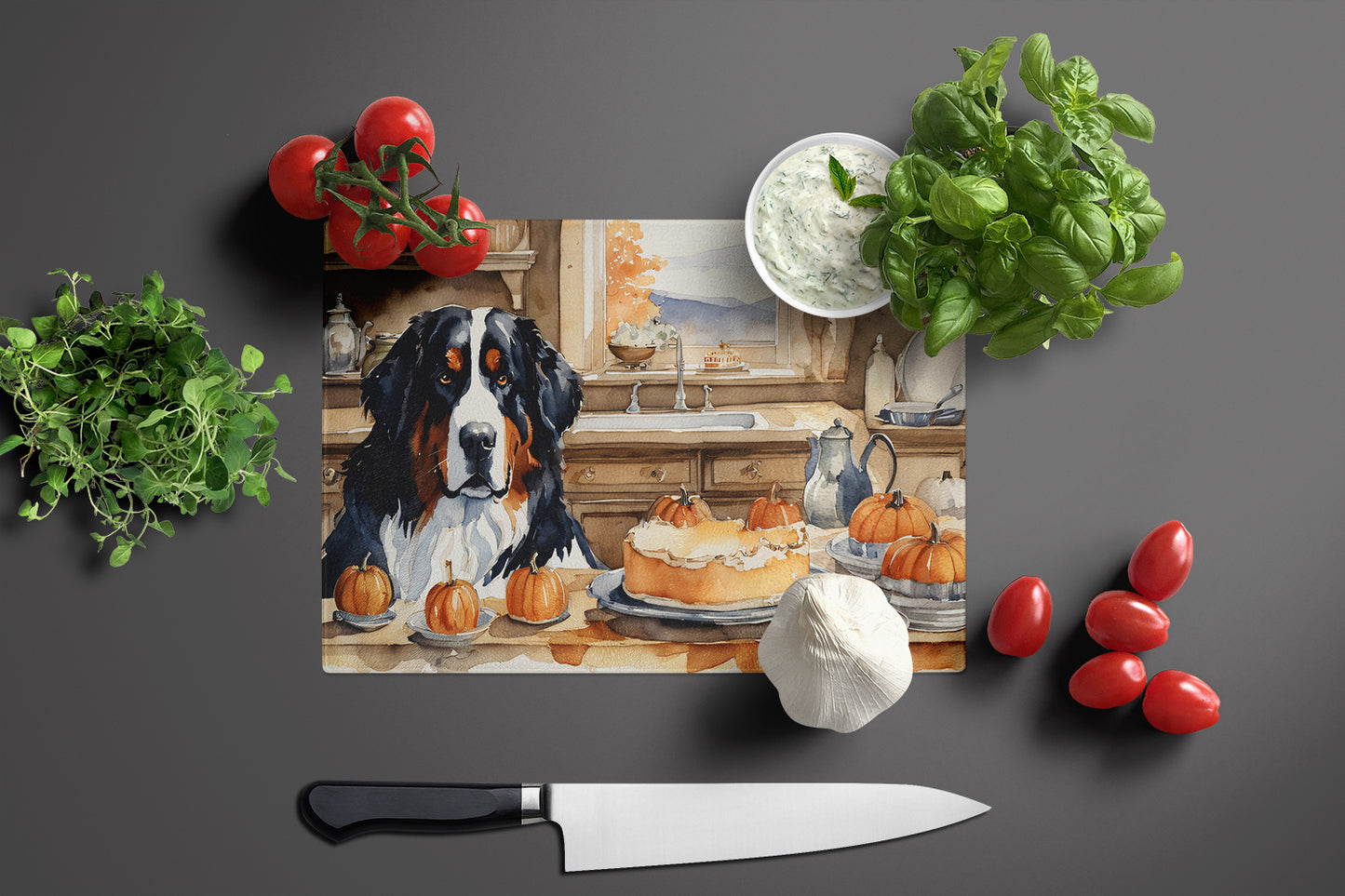 Bernese Mountain Dog Fall Kitchen Pumpkins Glass Cutting Board