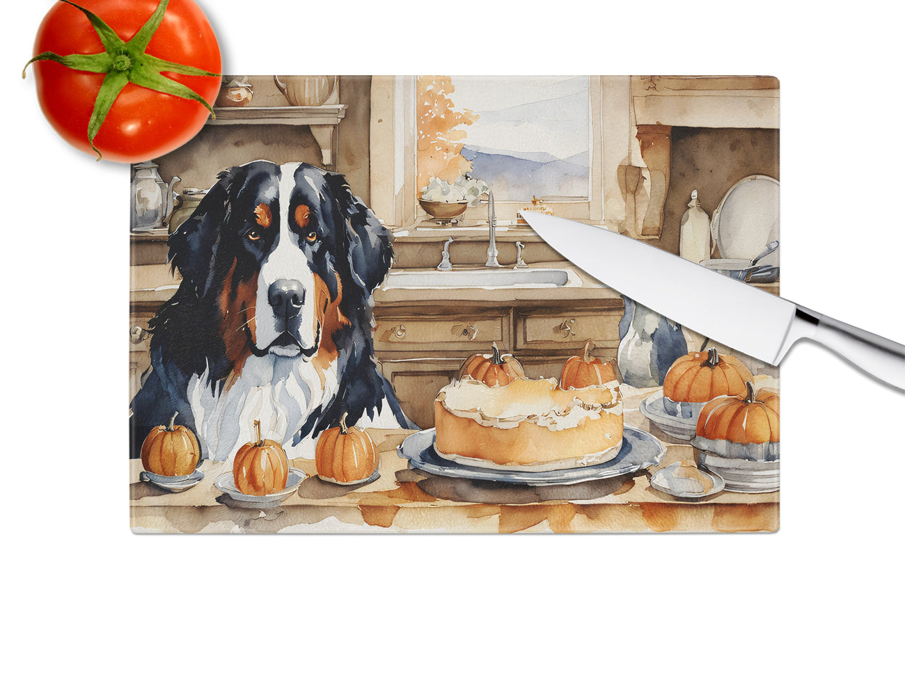 Bernese Mountain Dog Fall Kitchen Pumpkins Glass Cutting Board