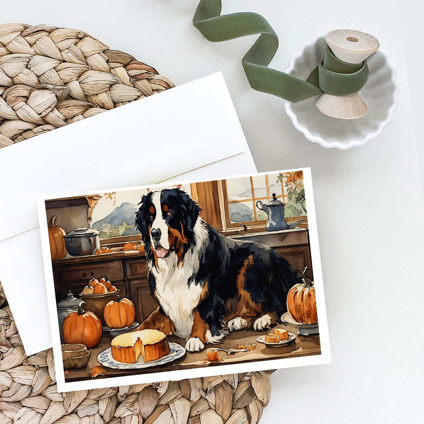 Bernese Mountain Dog Fall Kitchen Pumpkins Greeting Cards Pack of 8