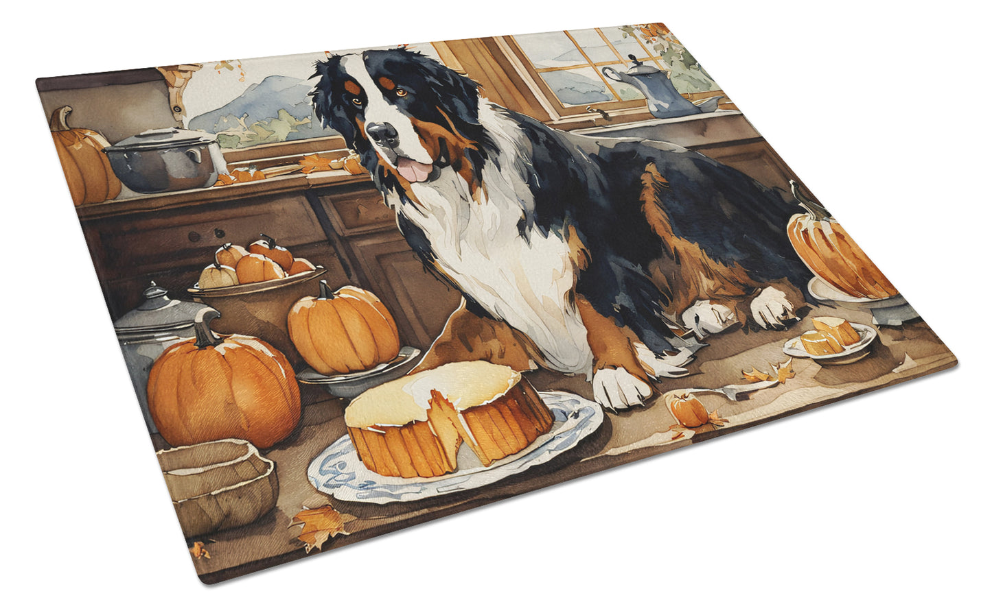 Buy this Bernese Mountain Dog Fall Kitchen Pumpkins Glass Cutting Board