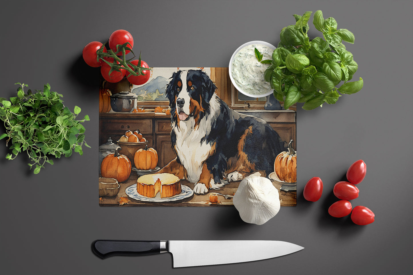 Bernese Mountain Dog Fall Kitchen Pumpkins Glass Cutting Board