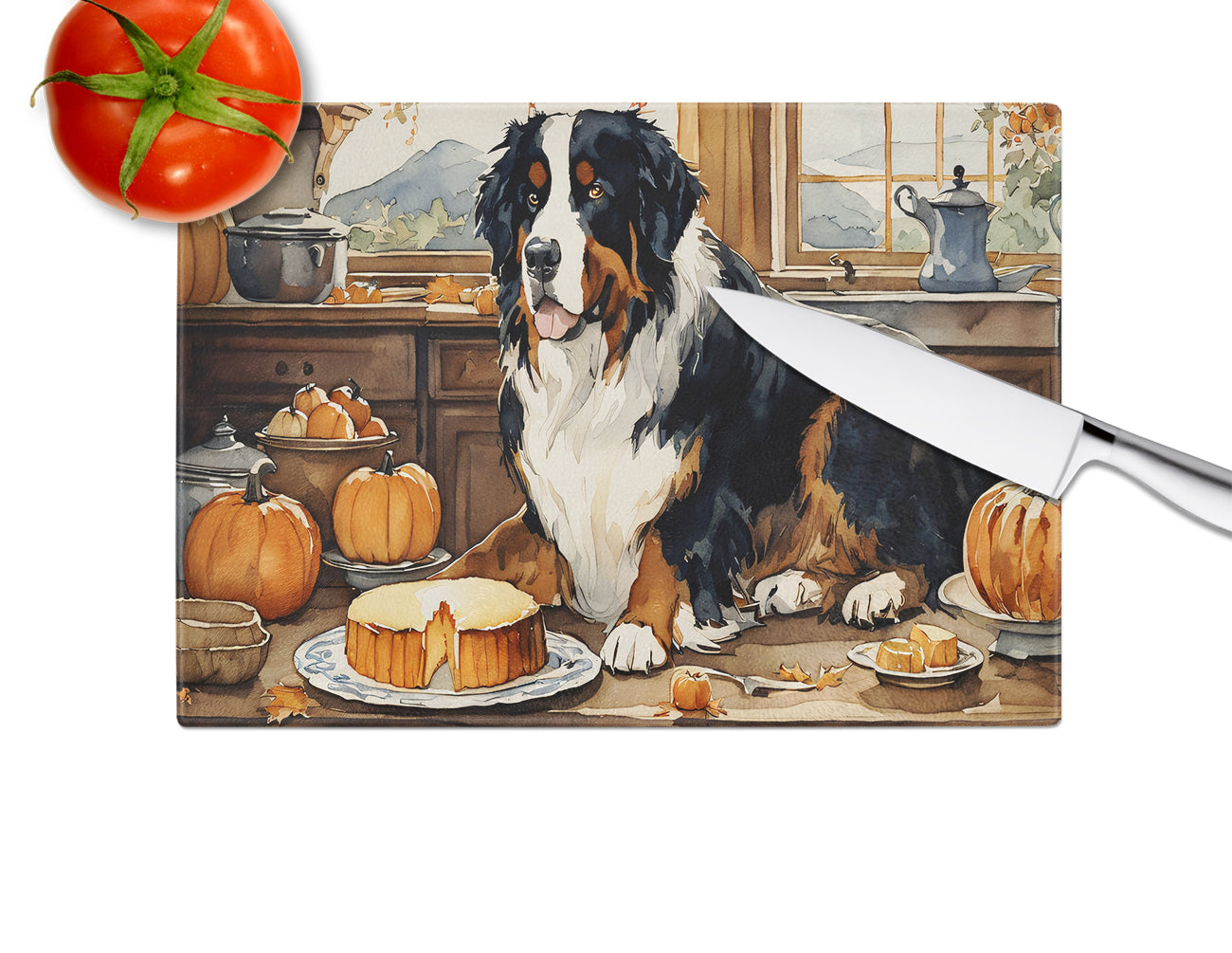 Bernese Mountain Dog Fall Kitchen Pumpkins Glass Cutting Board