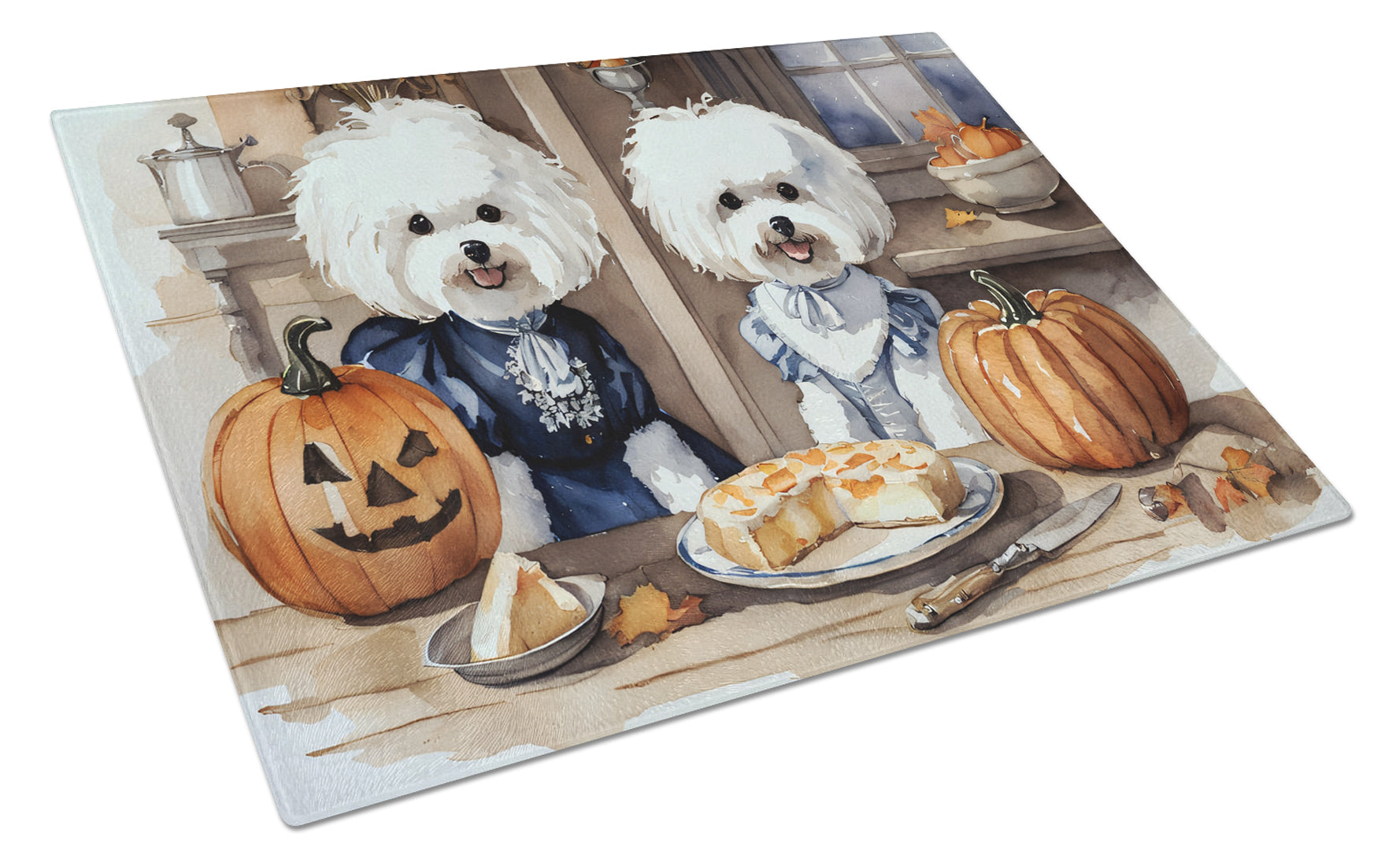 Buy this Bichon Frise Fall Kitchen Pumpkins Glass Cutting Board