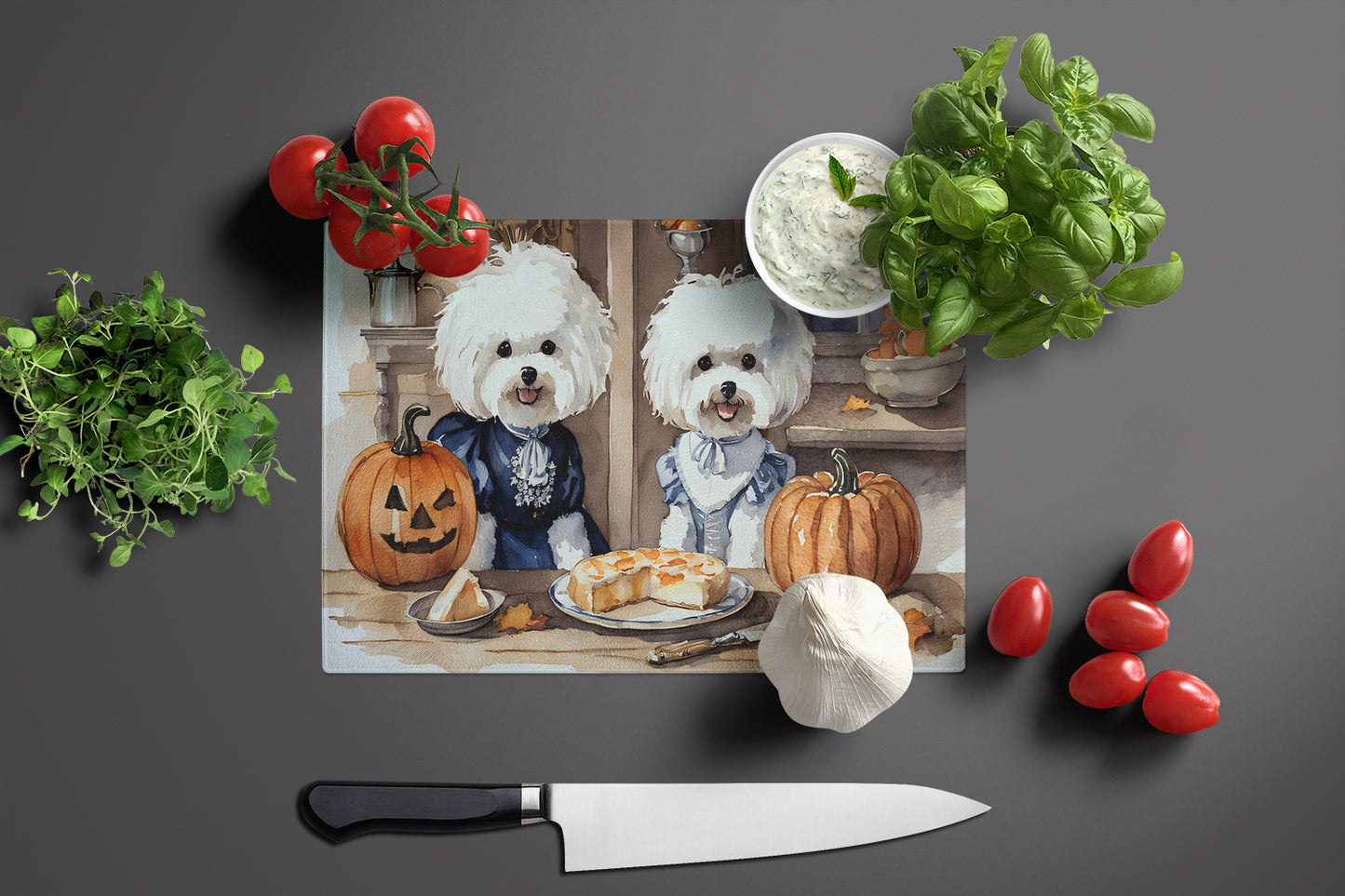 Bichon Frise Fall Kitchen Pumpkins Glass Cutting Board