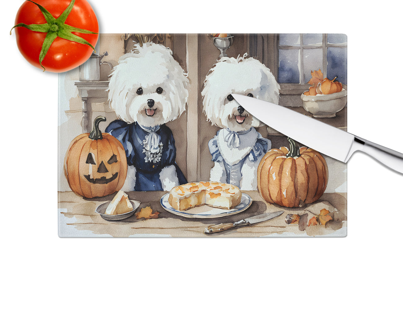 Bichon Frise Fall Kitchen Pumpkins Glass Cutting Board