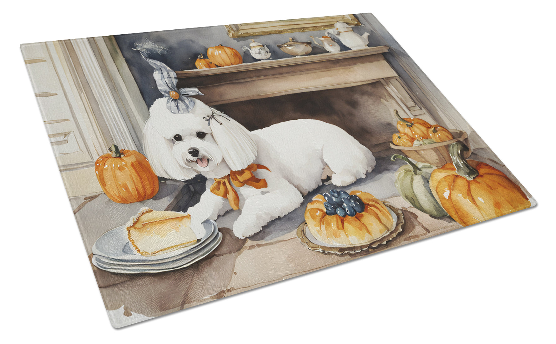 Buy this Bichon Frise Fall Kitchen Pumpkins Glass Cutting Board