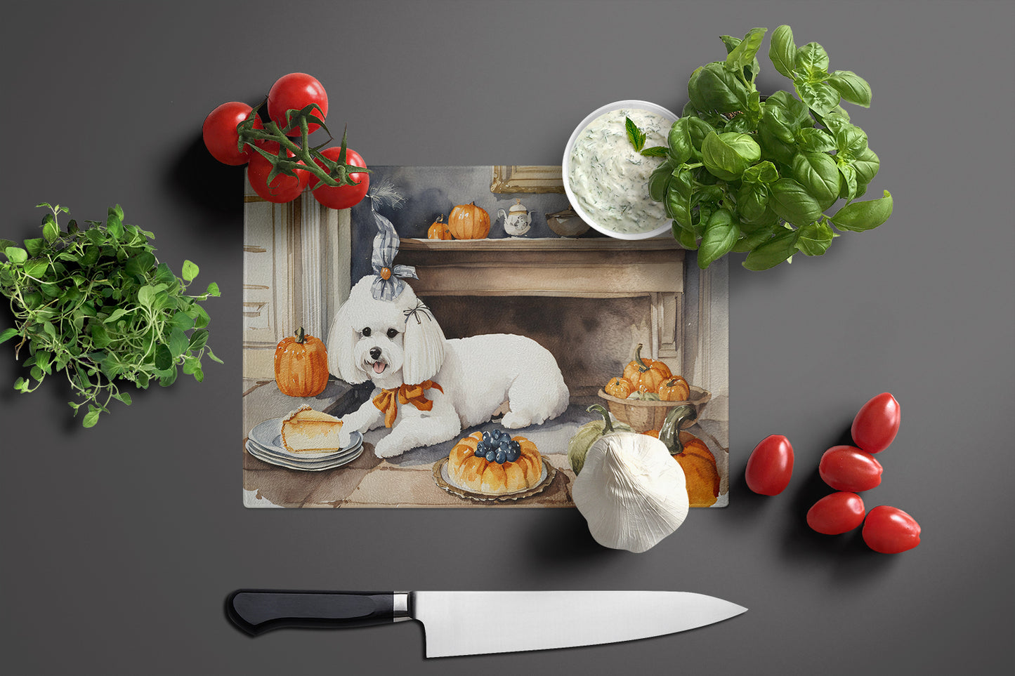 Bichon Frise Fall Kitchen Pumpkins Glass Cutting Board