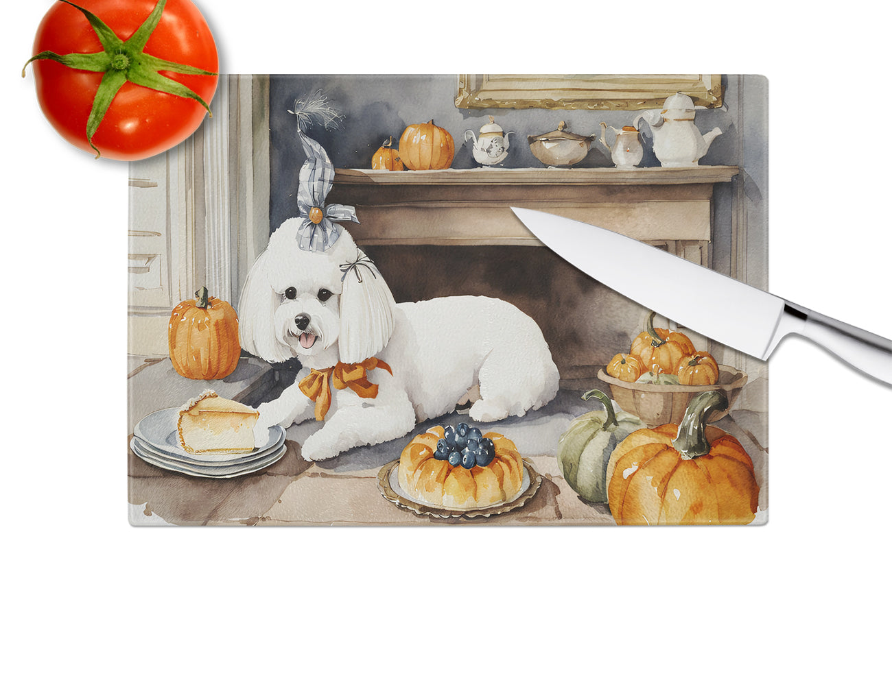 Bichon Frise Fall Kitchen Pumpkins Glass Cutting Board