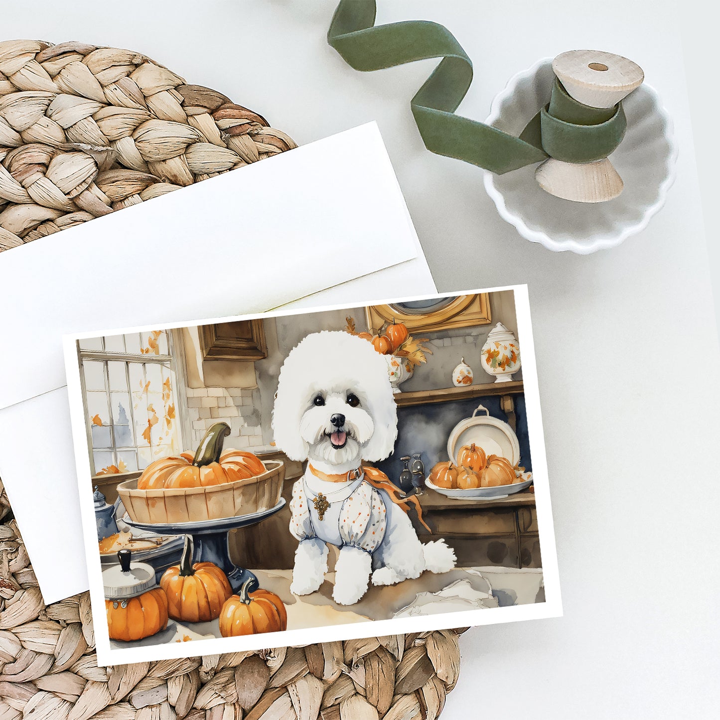 Bichon Frise Fall Kitchen Pumpkins Greeting Cards Pack of 8