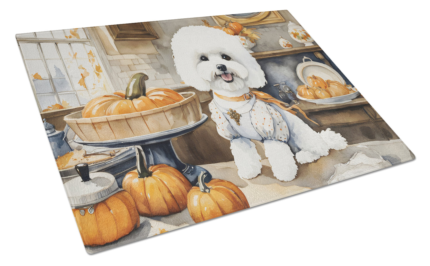 Buy this Bichon Frise Fall Kitchen Pumpkins Glass Cutting Board