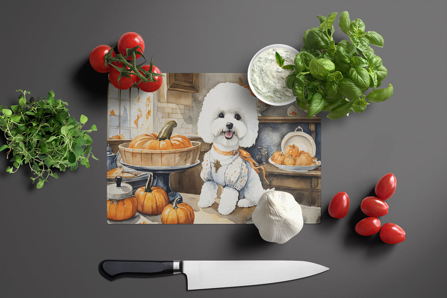 Bichon Frise Fall Kitchen Pumpkins Glass Cutting Board