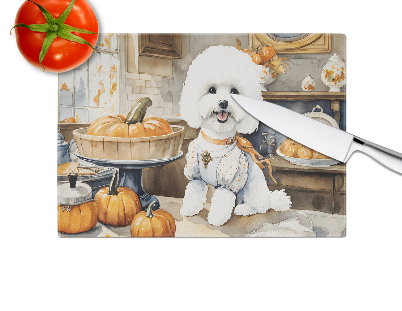 Bichon Frise Fall Kitchen Pumpkins Glass Cutting Board