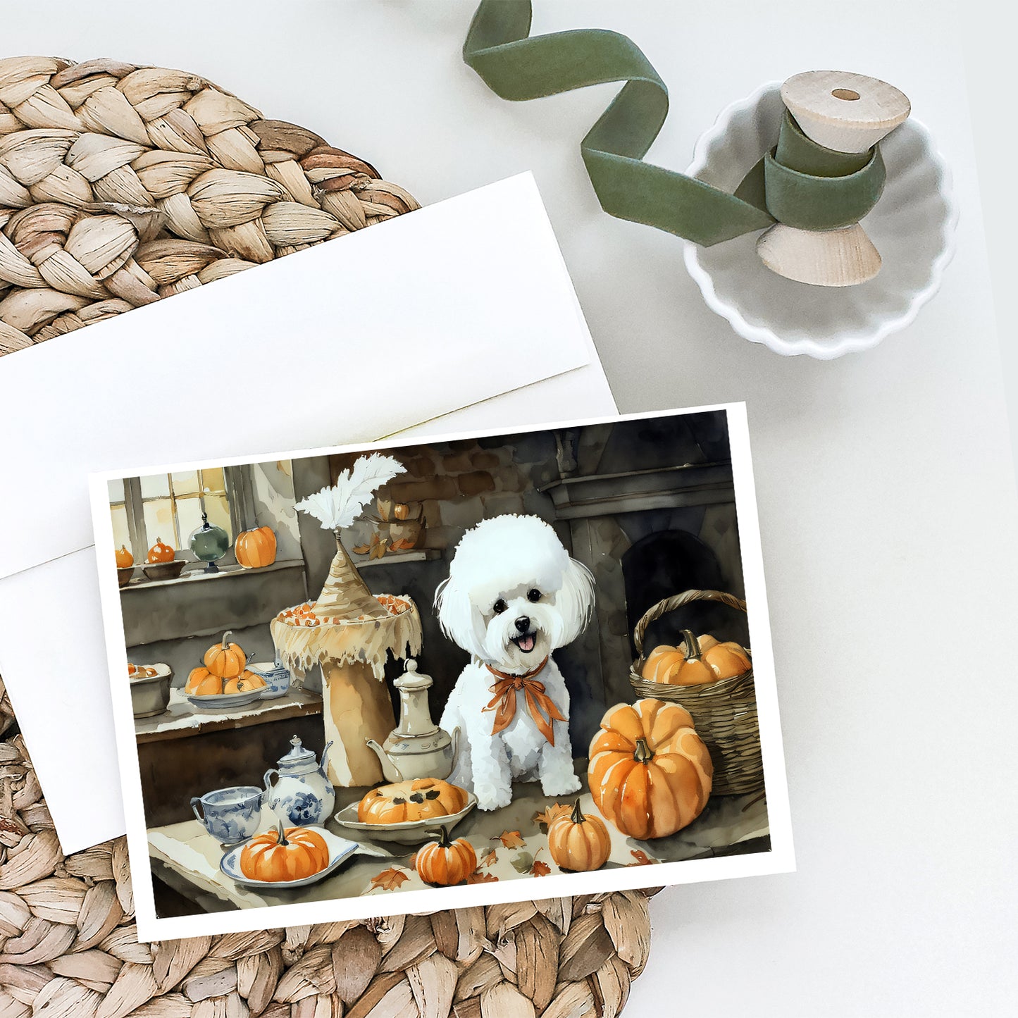 Bichon Frise Fall Kitchen Pumpkins Greeting Cards Pack of 8