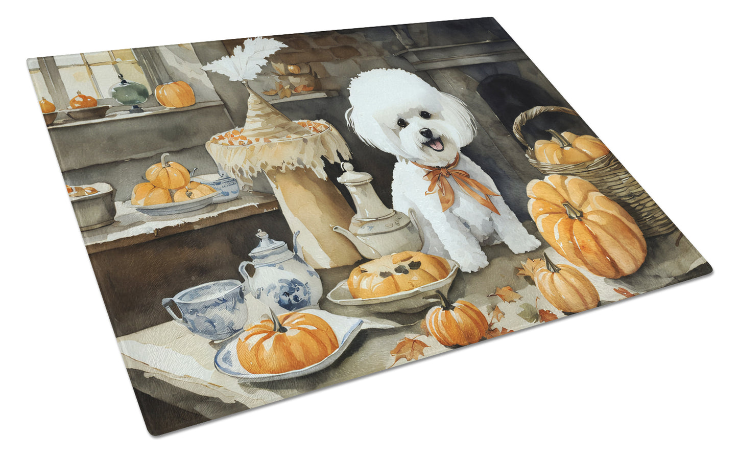 Buy this Bichon Frise Fall Kitchen Pumpkins Glass Cutting Board