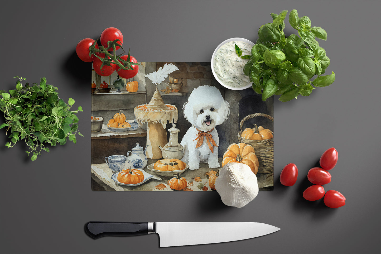 Bichon Frise Fall Kitchen Pumpkins Glass Cutting Board