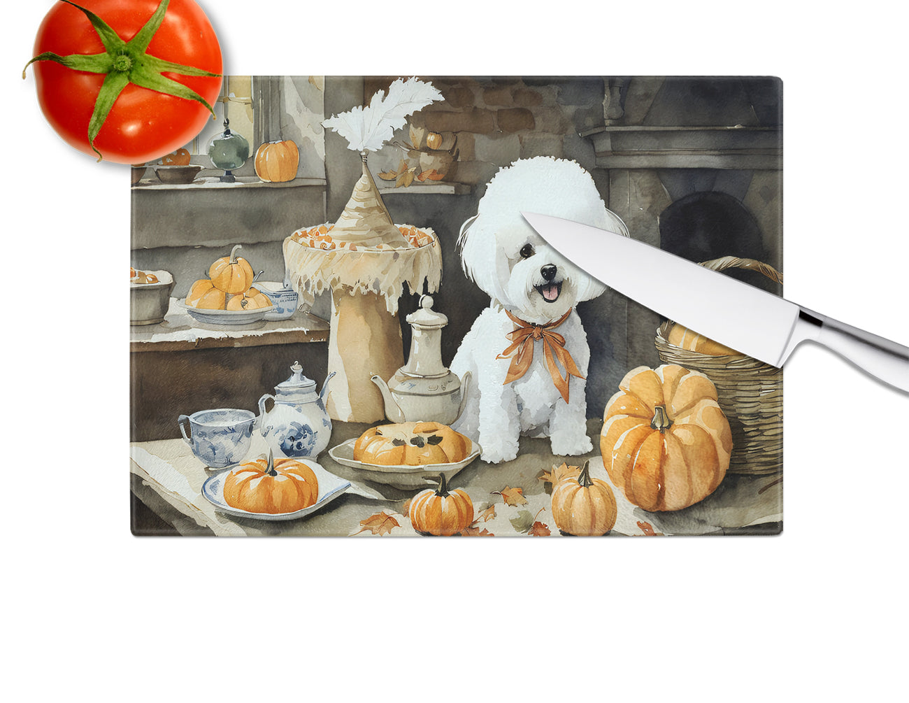 Bichon Frise Fall Kitchen Pumpkins Glass Cutting Board