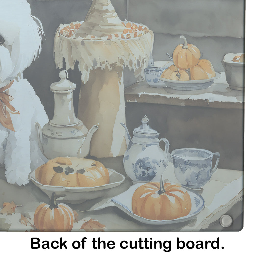 Bichon Frise Fall Kitchen Pumpkins Glass Cutting Board