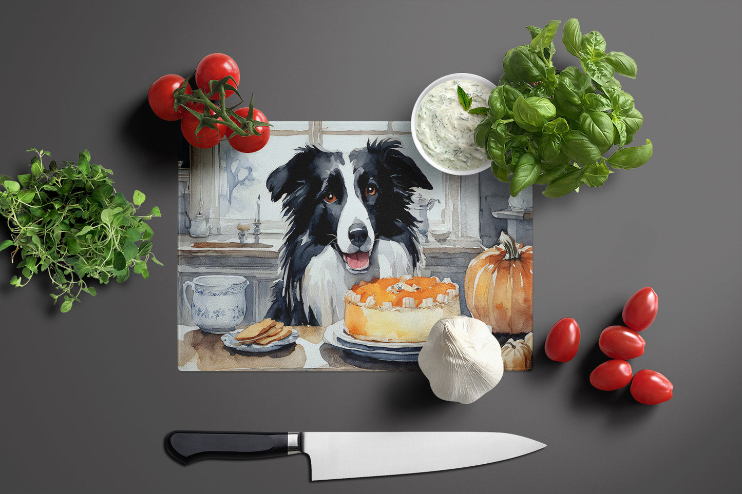 Border Collie Fall Kitchen Pumpkins Glass Cutting Board