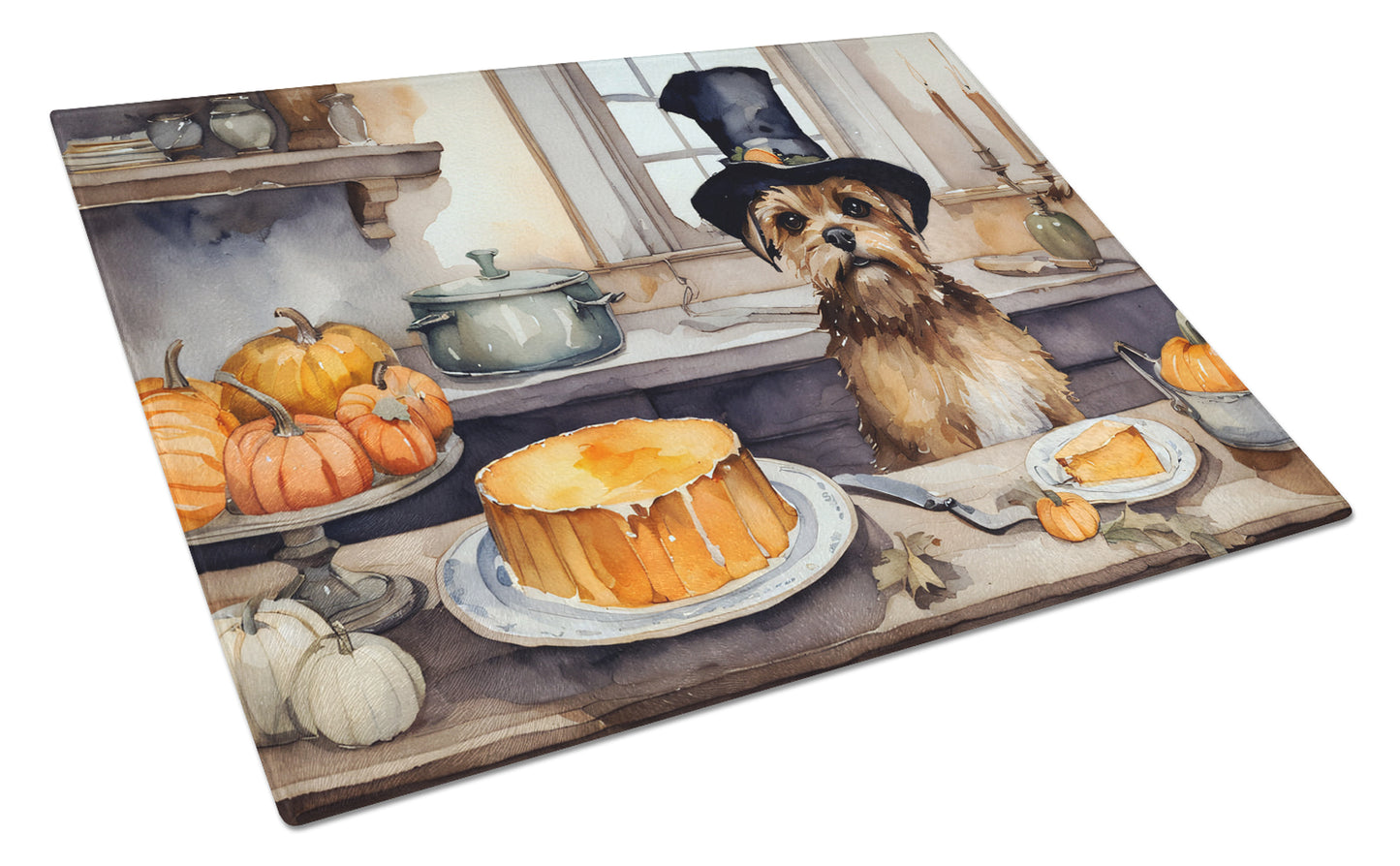 Buy this Border Terrier Fall Kitchen Pumpkins Glass Cutting Board