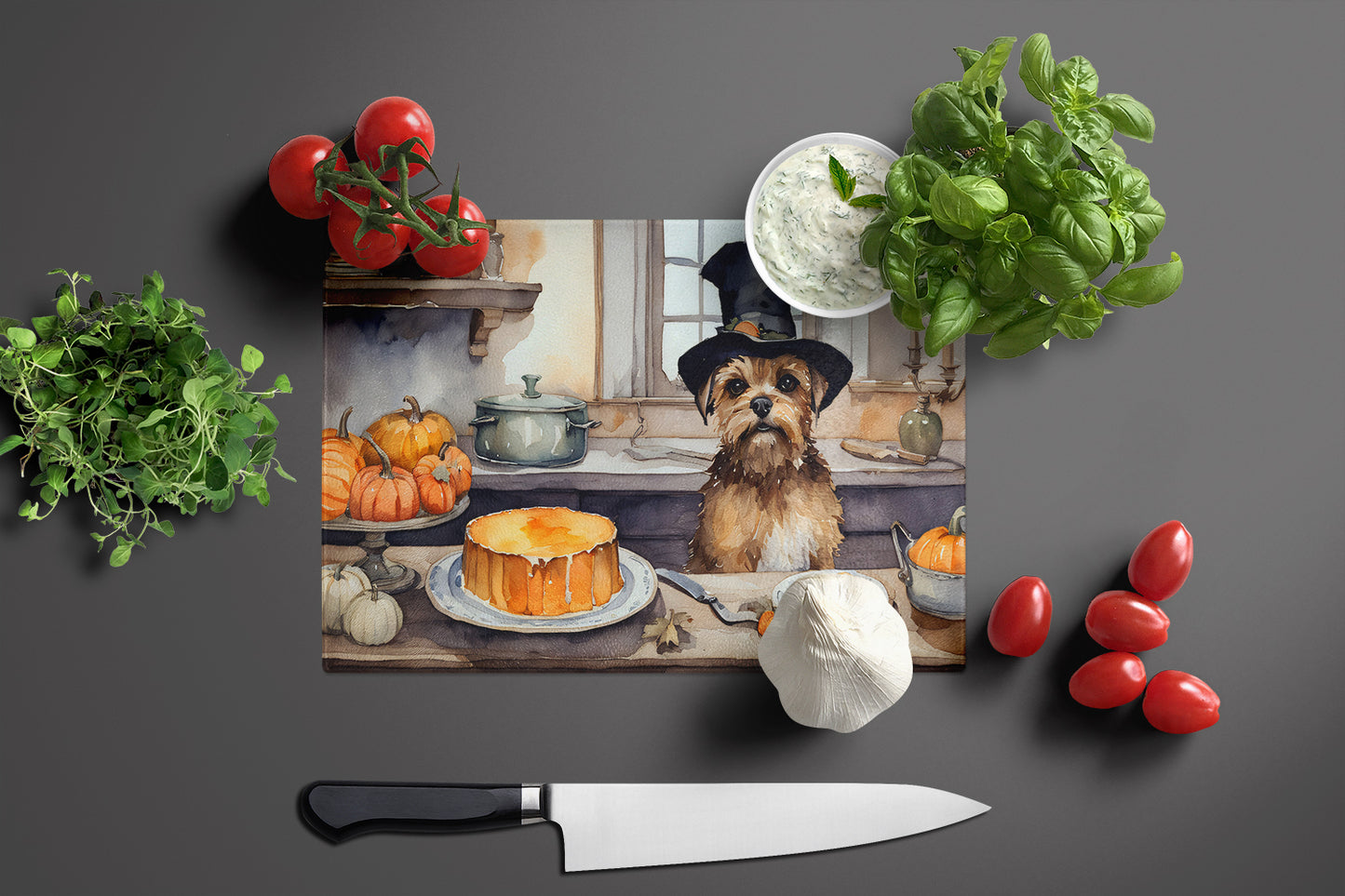 Border Terrier Fall Kitchen Pumpkins Glass Cutting Board