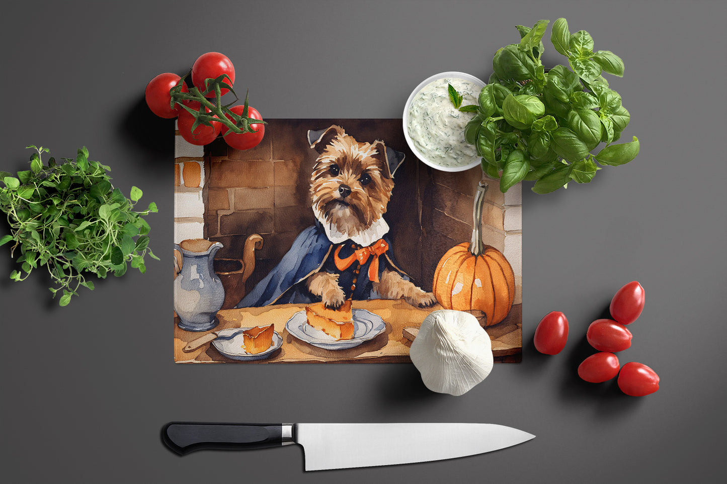 Border Terrier Fall Kitchen Pumpkins Glass Cutting Board