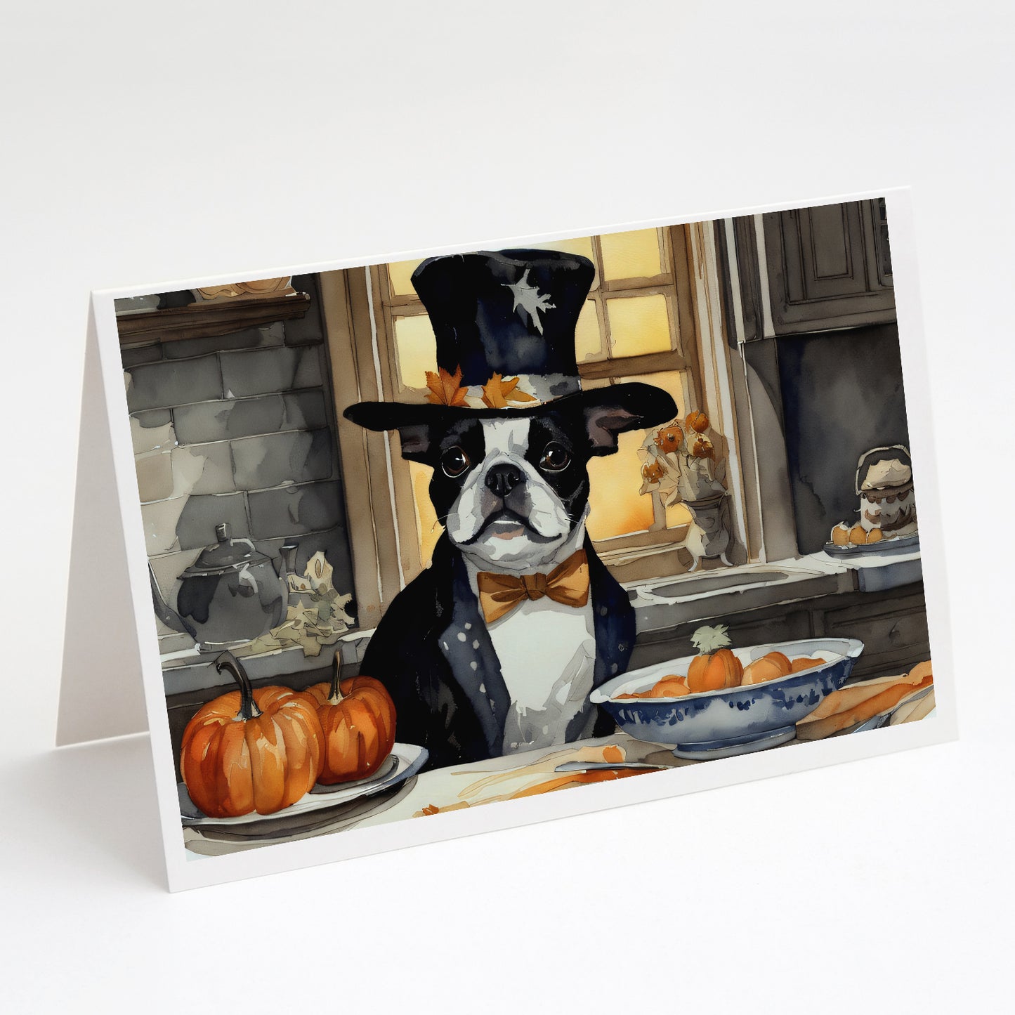 Buy this Boston Terrier Fall Kitchen Pumpkins Greeting Cards Pack of 8