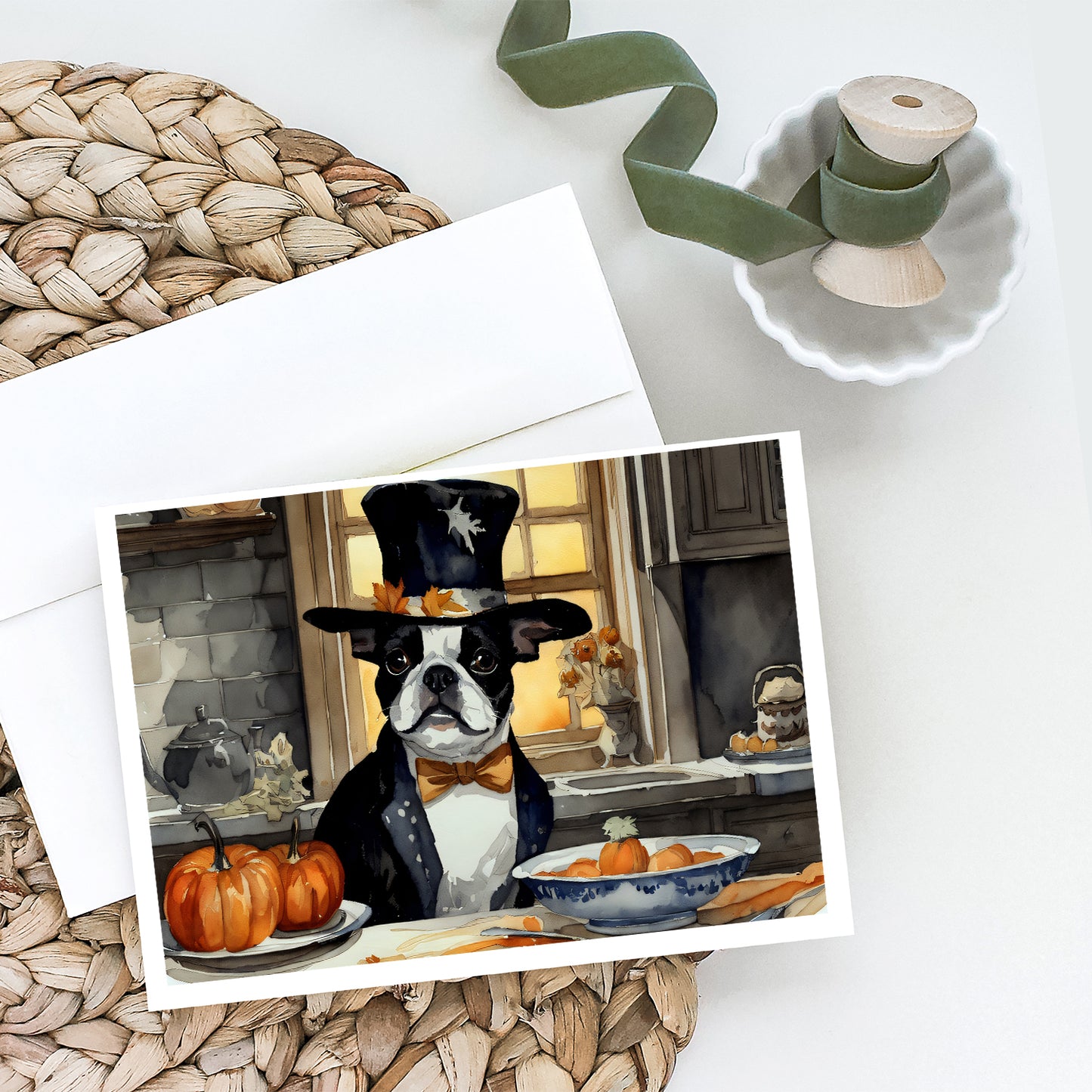 Boston Terrier Fall Kitchen Pumpkins Greeting Cards Pack of 8