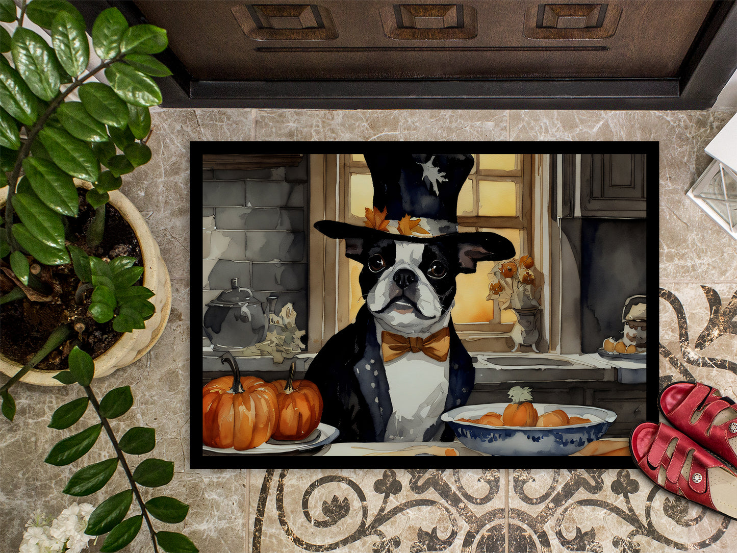 Boston Terrier Fall Kitchen Pumpkins Doormat