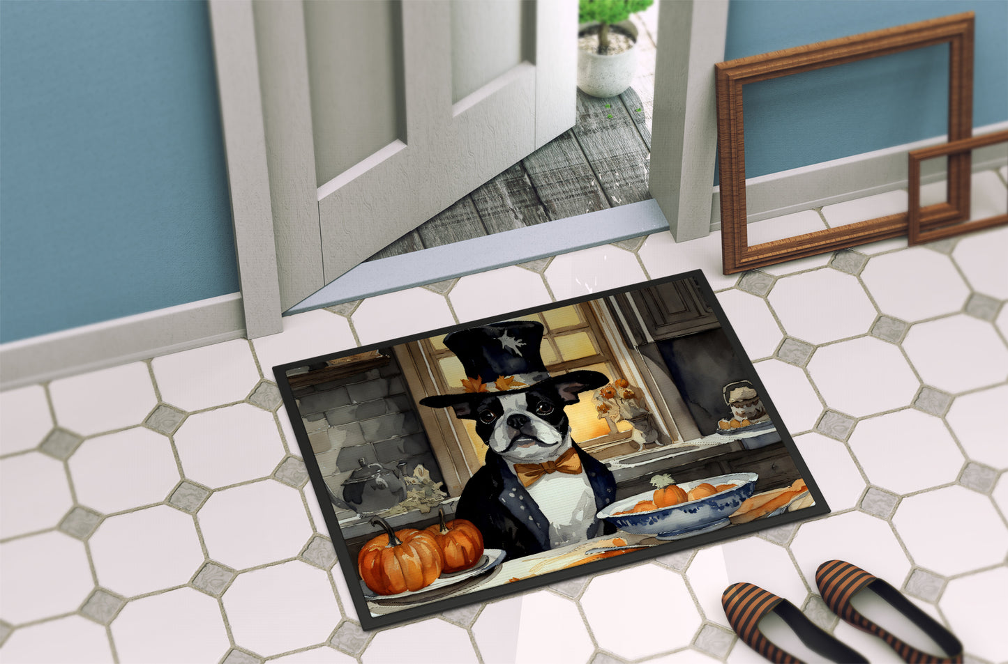 Boston Terrier Fall Kitchen Pumpkins Doormat