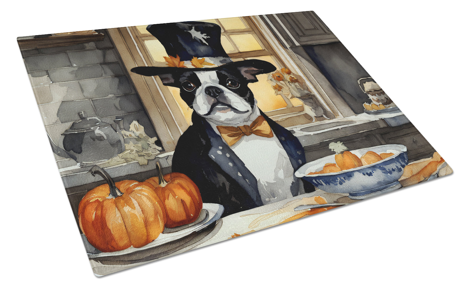 Buy this Boston Terrier Fall Kitchen Pumpkins Glass Cutting Board