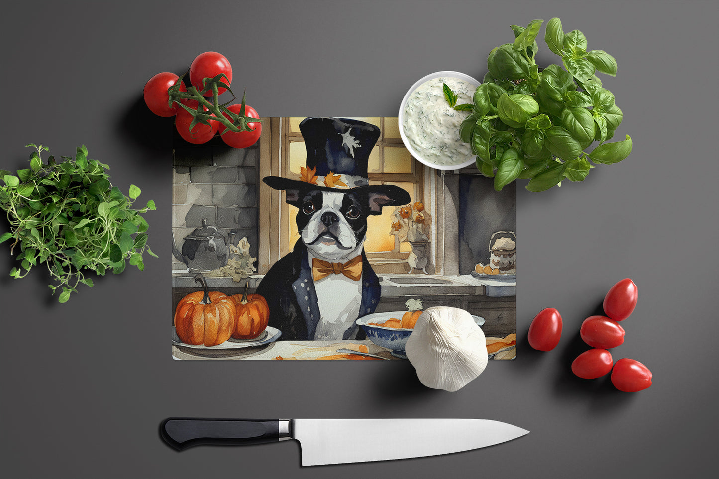 Boston Terrier Fall Kitchen Pumpkins Glass Cutting Board