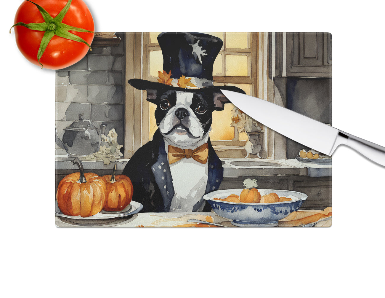 Boston Terrier Fall Kitchen Pumpkins Glass Cutting Board