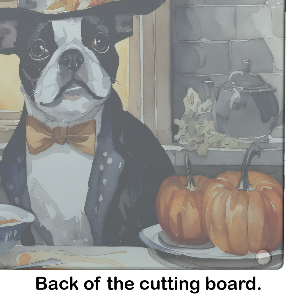 Boston Terrier Fall Kitchen Pumpkins Glass Cutting Board