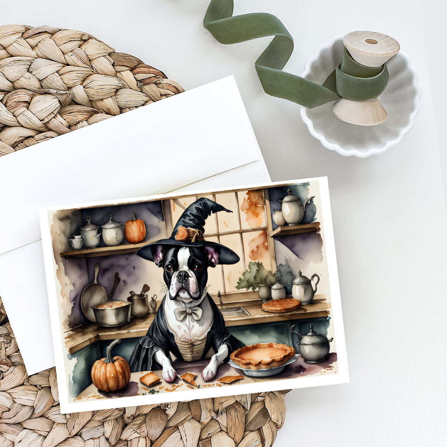 Boston Terrier Fall Kitchen Pumpkins Greeting Cards Pack of 8
