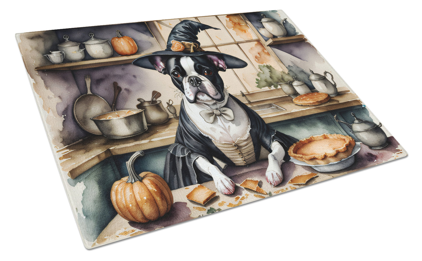 Buy this Boston Terrier Fall Kitchen Pumpkins Glass Cutting Board