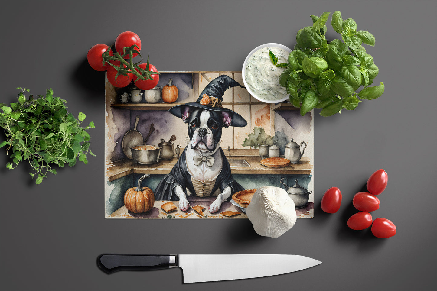 Boston Terrier Fall Kitchen Pumpkins Glass Cutting Board