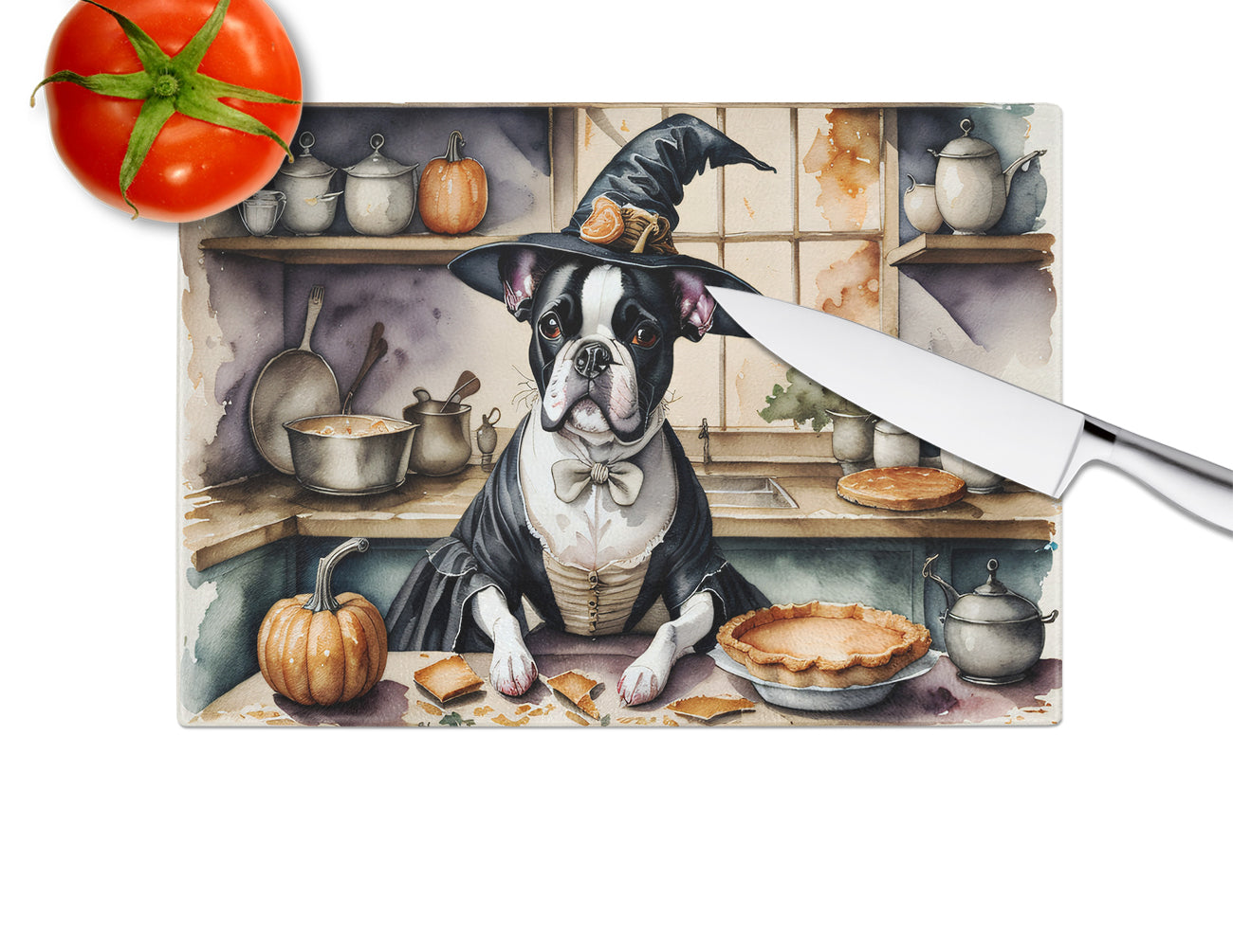 Boston Terrier Fall Kitchen Pumpkins Glass Cutting Board