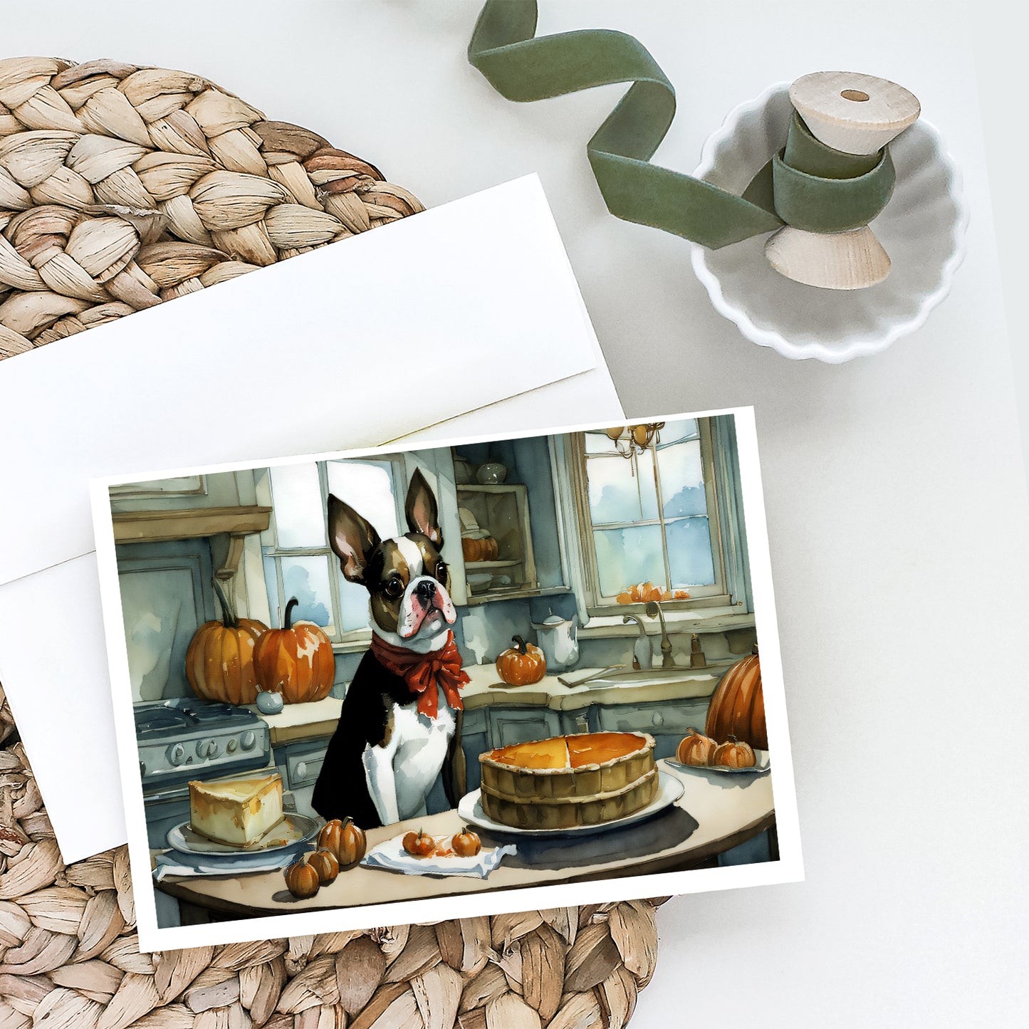 Boston Terrier Fall Kitchen Pumpkins Greeting Cards Pack of 8