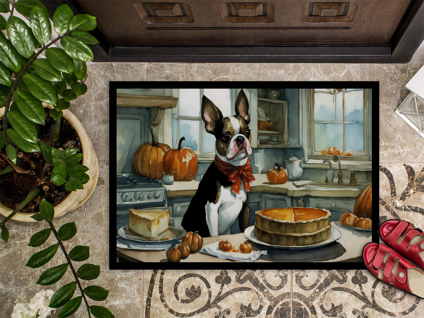 Boston Terrier Fall Kitchen Pumpkins Doormat