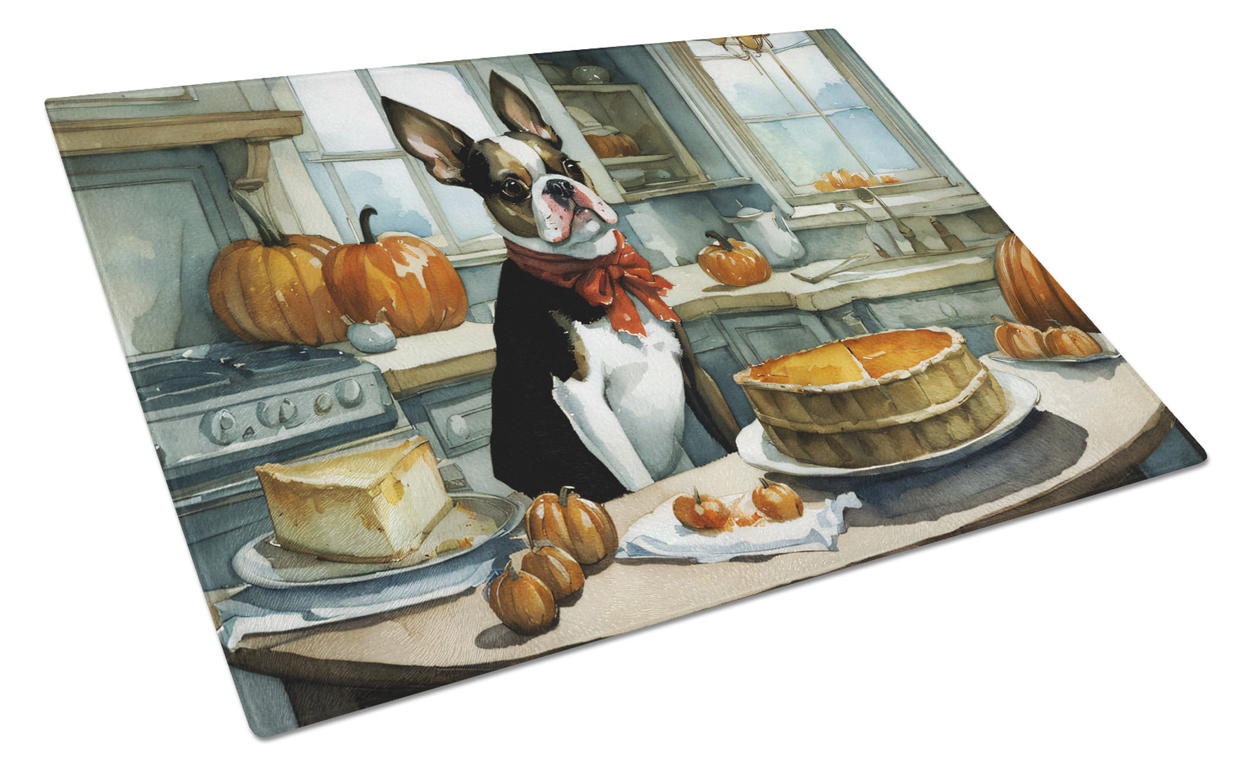 Buy this Boston Terrier Fall Kitchen Pumpkins Glass Cutting Board